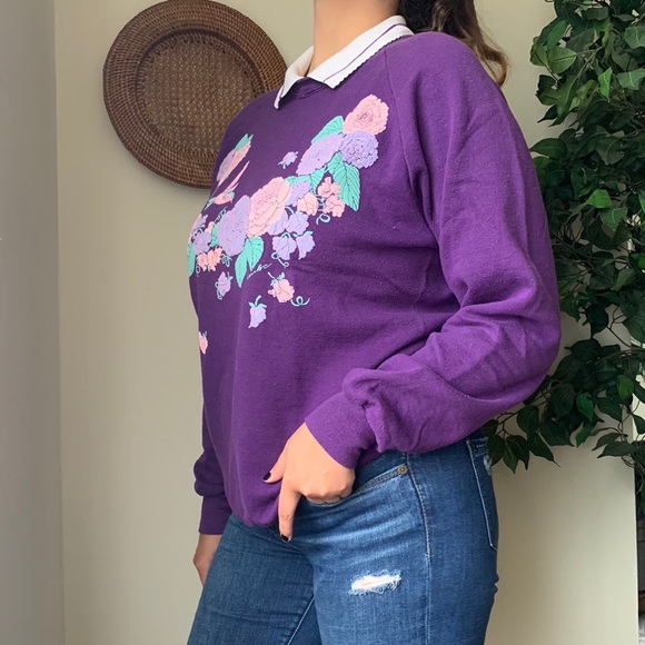 Vintage Purple Floral Hummingbird Crewneck - Picture 2 of 4